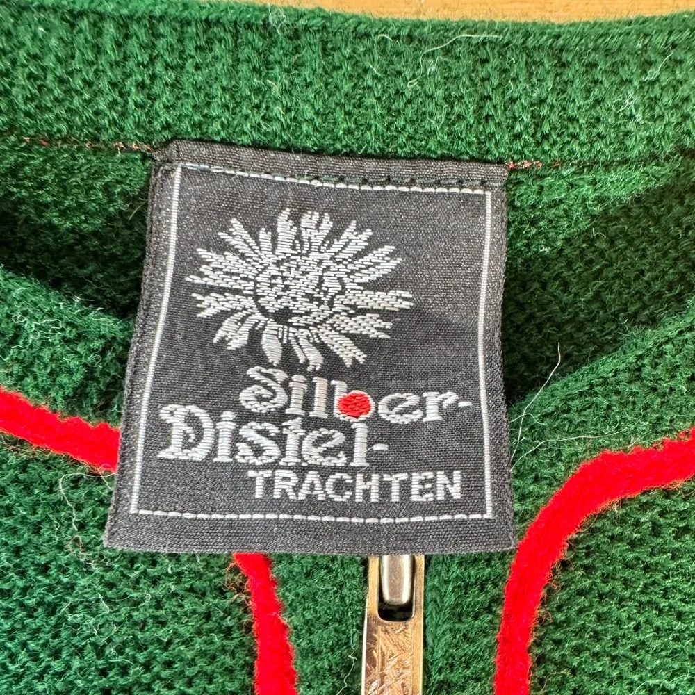 Vintage Silber Distel Trachten‎ Zip Up Sweater Kids Green Red Trim Alpine Folk